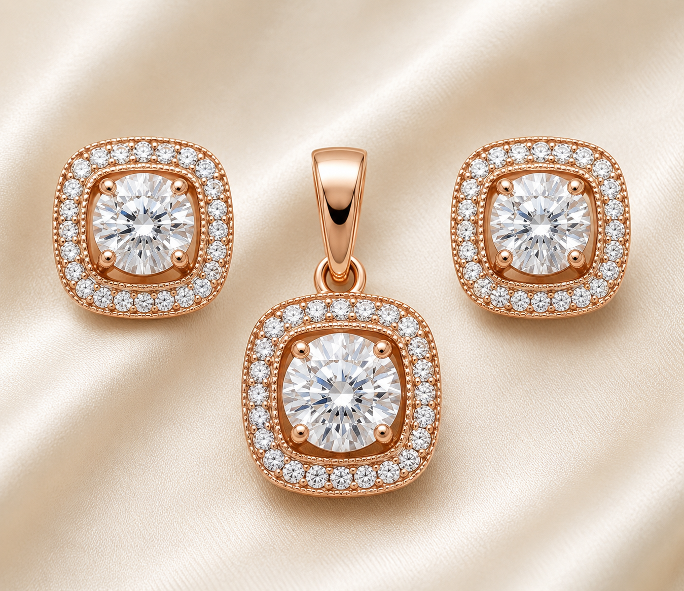 Rosé Radiance Halo Pendant & Earrings Set